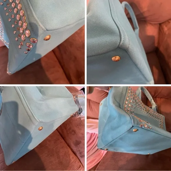 Prada Turquoise Studded Canvas Tote with Detachable Strap COA - Picture 4 of 16